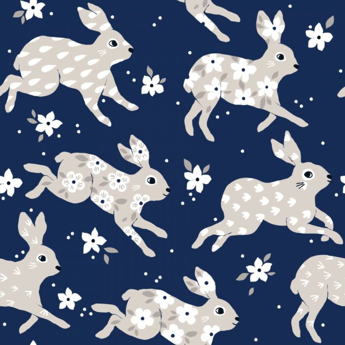 Tissu Imprimé Lapins Gris Fleurs Bleu, 7 tissus au choix