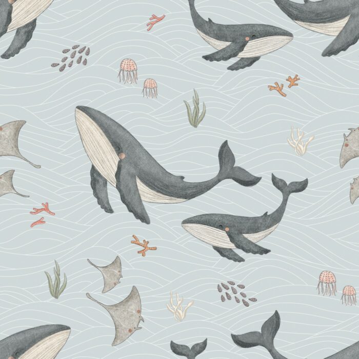 Tissu Imprimé Marin Designer Baleine Raie, 7 tissus au choix