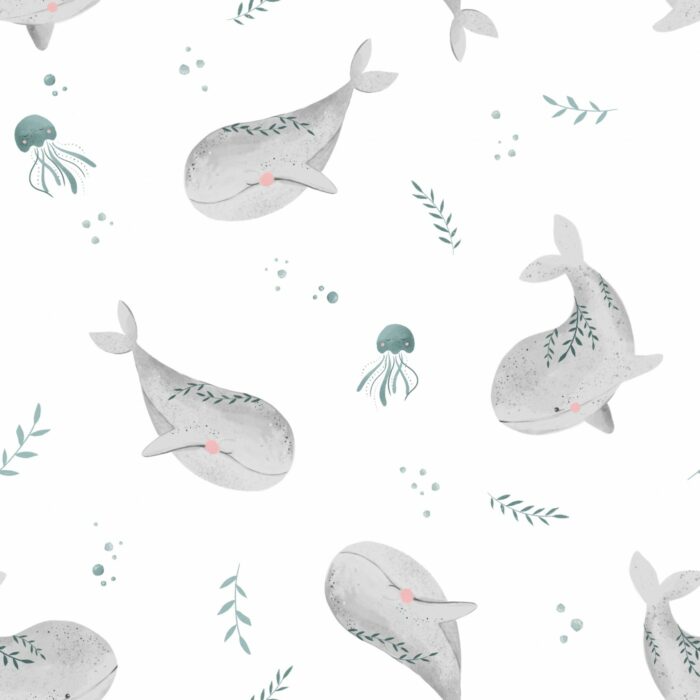 Tissu Imprimé Marin Designer Baleine Méduse, 7 tissus au choix