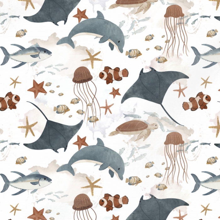 Tissu Imprimé Monde Marin Aquarelle Grand, 7 tissus au choix