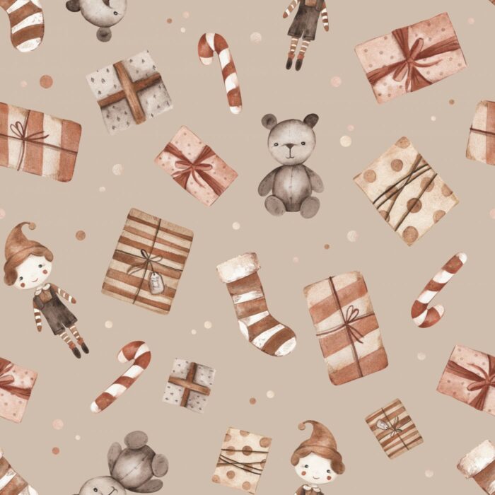 Tissu Imprimé Noel Cadeaux Jouets Beige, 7 tissus au choix