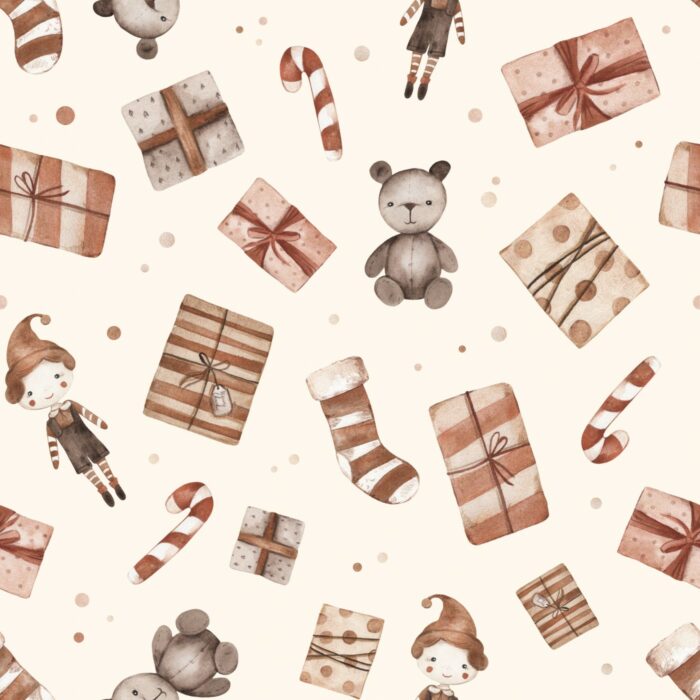 Tissu Imprimé Noel Cadeaux Jouets Crème, 7 tissus au choix