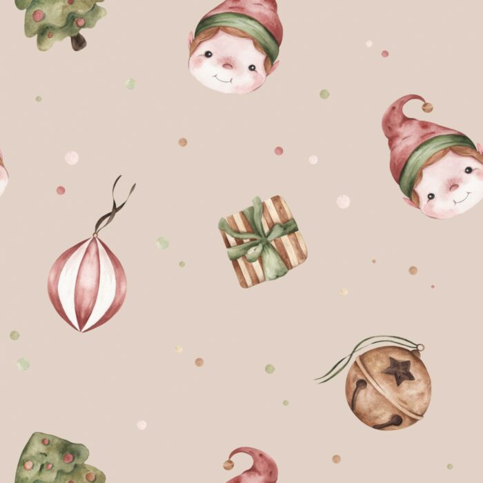 Tissu Imprimé Noel Enchanté Lutin Beige, 7 tissus au choix
