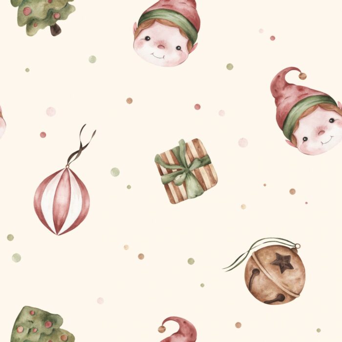 Tissu Imprimé Noel Enchanté Lutin Crème, 7 tissus au choix