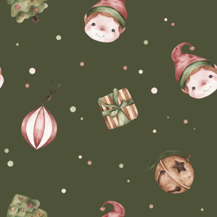 Tissu Imprimé Noel Enchanté Lutin Vert, 7 tissus au choix