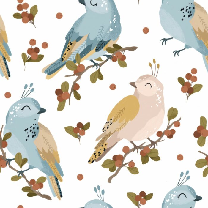 Tissu Imprimé Oiseaux Brindilles Fruits, 7 tissus au choix