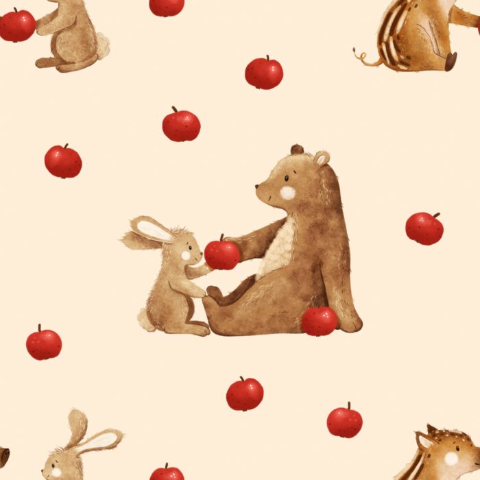 Tissu Imprimé Ourson Pommes Lapin Beige, 7 tissus au choix