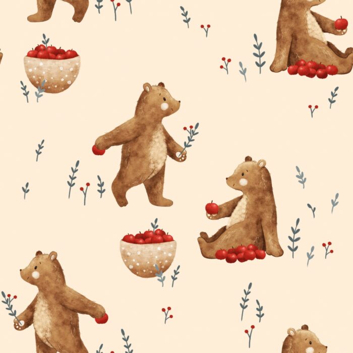 Tissu Imprimé Ourson Pommes Beige, 7 tissus au choix