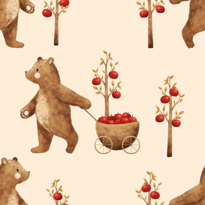 Tissu Imprimé Ourson Pommiers Beige, 7 tissus au choix