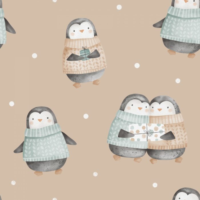 Tissu Imprimé Pingouin Calin Beige, 7 tissus au choix