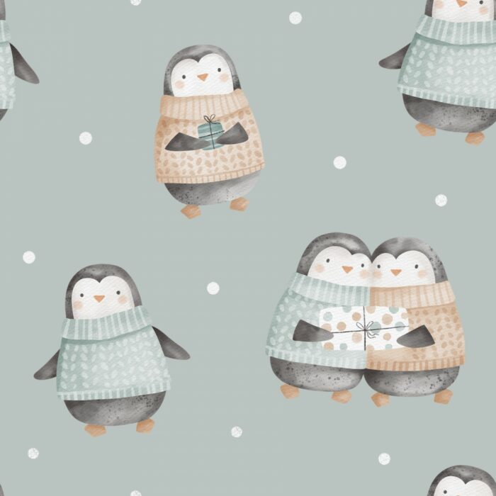 Tissu Imprimé Pingouin Calin Vert, 7 tissus au choix