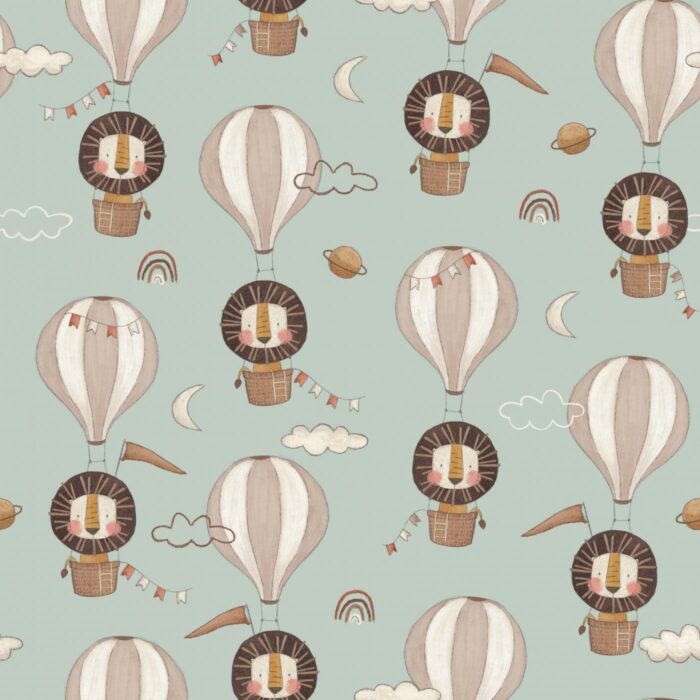 Tissu Imprimé Safari Ballons Lion Bleu, 7 tissus au choix