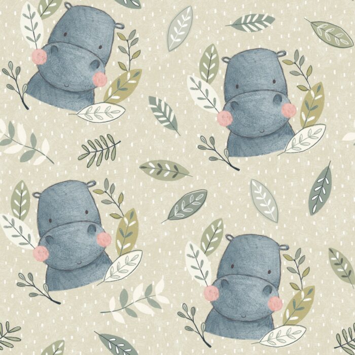 Tissu Imprimé Safari Hippopotame Mignon, 7 tissus au choix