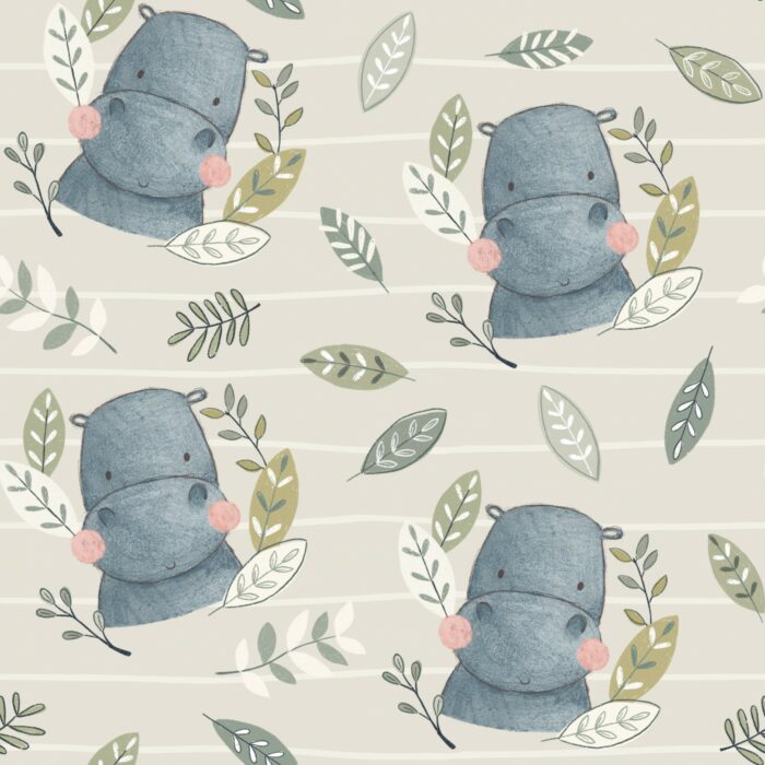 Tissu Imprimé Safari Hippopotame Mignon Raye, 7 tissus au choix