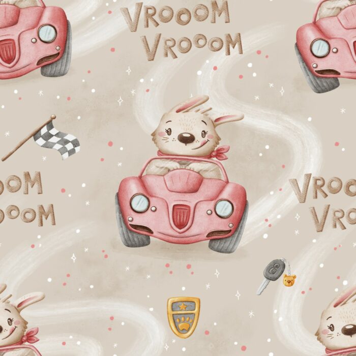 Tissu Imprimé Voiture Lapin Beige, 7 tissus au choix