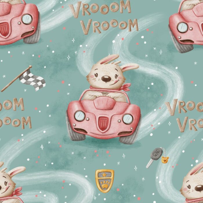 Tissu Imprimé Voiture Lapin Vert, 7 tissus au choix