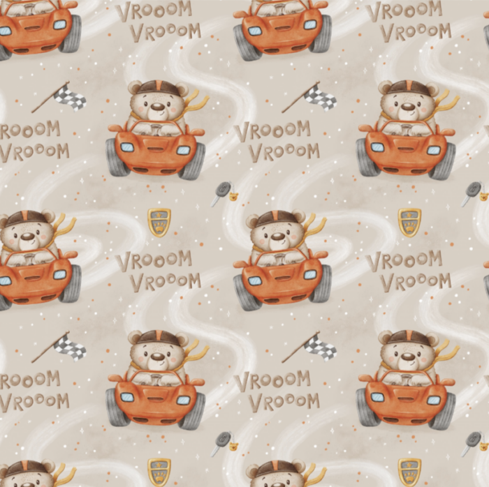 Tissu Imprimé Voiture Ourson Beige, 7 tissus au choix