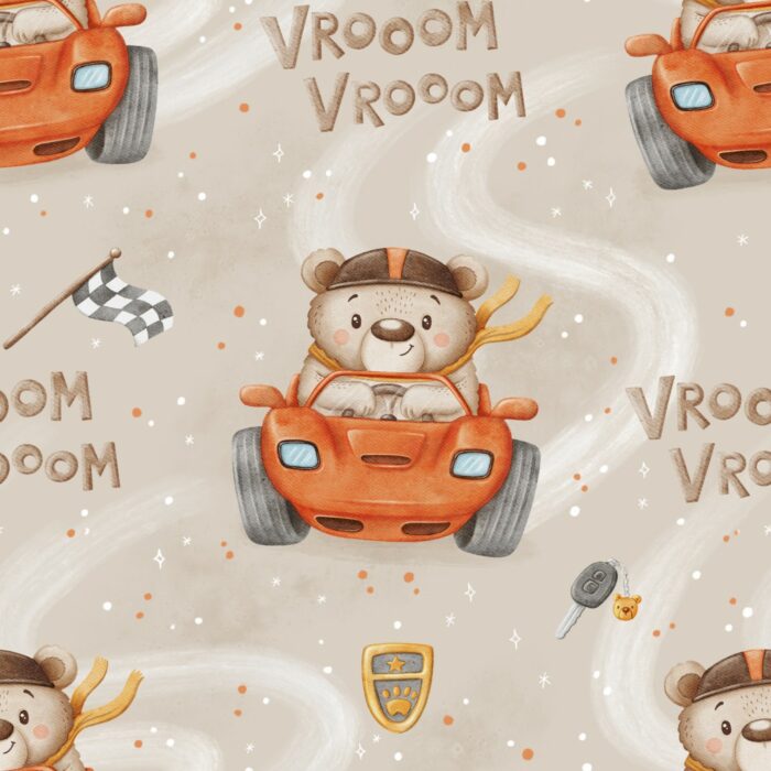 Tissu Imprimé Voiture Ourson Beige, 7 tissus au choix – Image 2