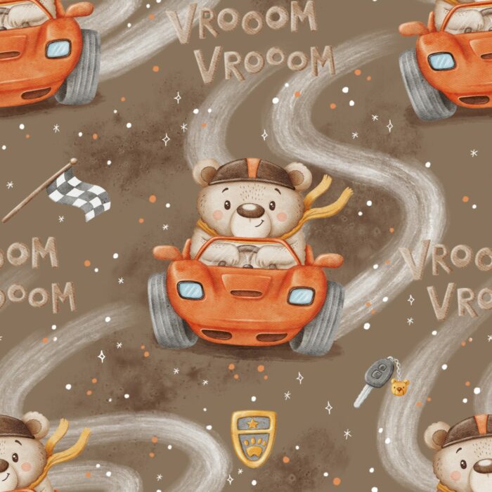 Tissu Imprimé Voiture Ourson Taupe, 7 tissus au choix