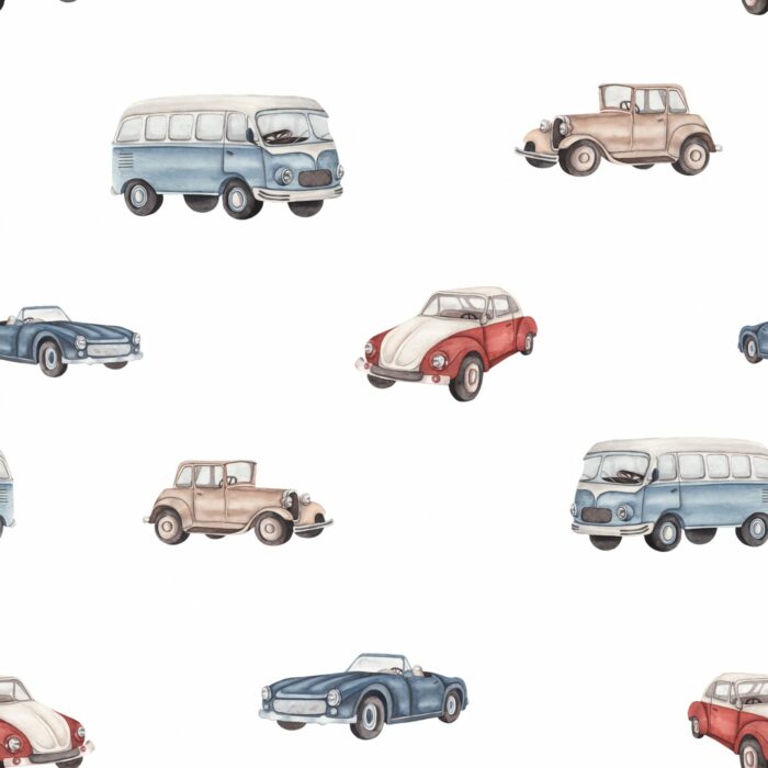 Tissu Imprimé Voitures Vintage Blanc, 7 tissus au choix