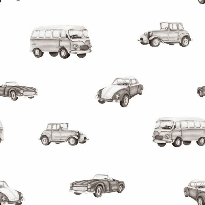 Tissu Imprimé Voitures Vintage Blanc Sepia, 7 tissus au choix