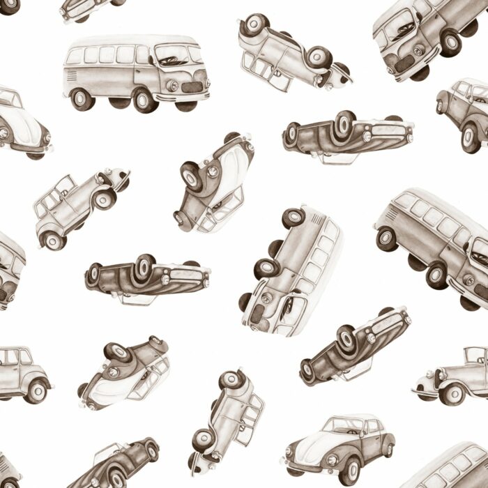Tissu Imprimé Voitures Vintage Sepia, 7 tissus au choix