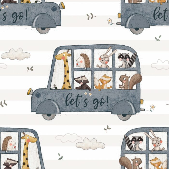 Tissu Imprimé Animaux Bus Bleu, 7 tissus au choix