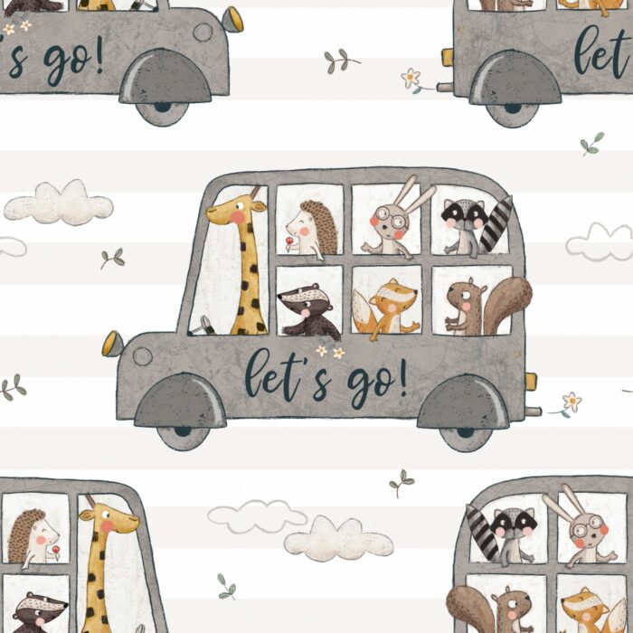 Tissu Imprimé Animaux Bus Gris, 7 tissus au choix