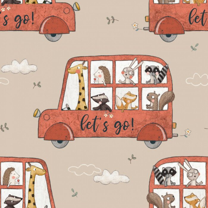 Tissu Imprimé Animaux Bus Rouge, 7 tissus au choix