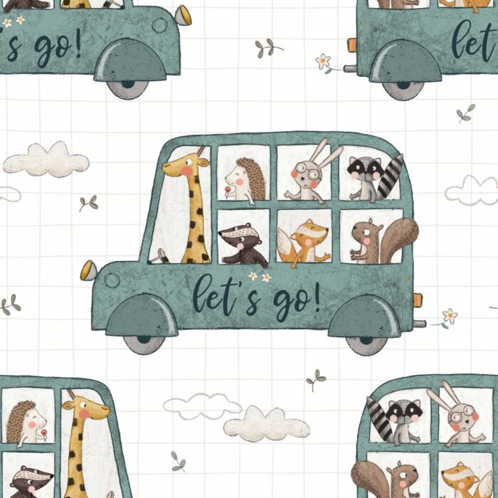 Tissu Imprimé Animaux Bus Vert, 7 tissus au choix