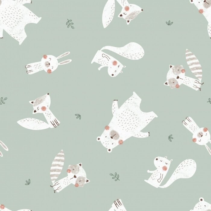 Tissu Imprimé Animaux Foret Dessin Vert, 7 tissus au choix
