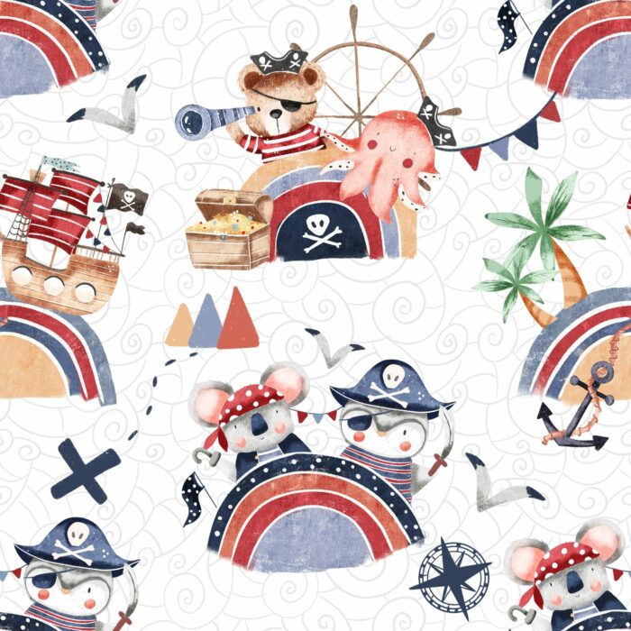 Tissu Imprimé Animaux Pirates Arc-en-ciel, 7 tissus au choix