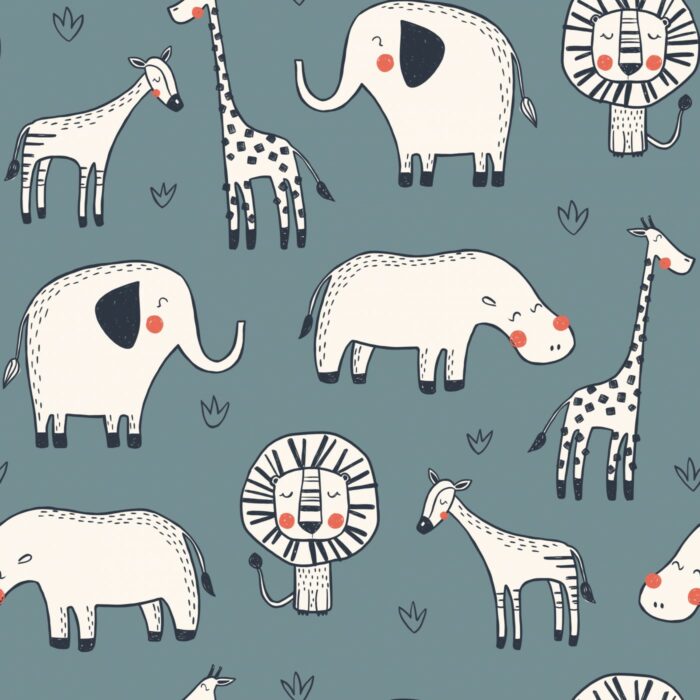 Tissu Imprimé Animaux Safari Dessin Bleu, 7 tissus au choix