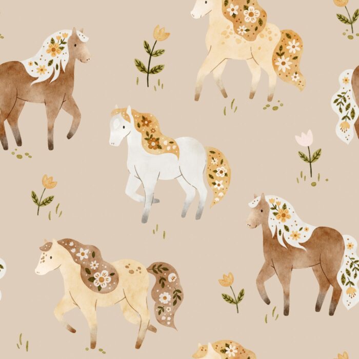 Tissu Imprimé Chevaux Fleuris Beige, 7 tissus au choix