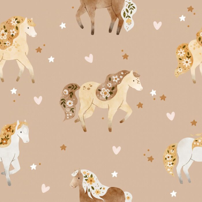 Tissu Imprimé Chevaux Fleuris Coeurs Beige, 7 tissus au choix