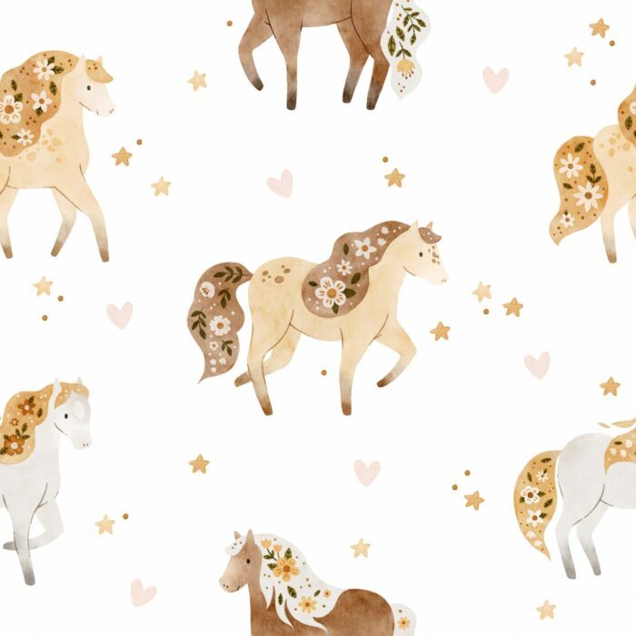 Tissu Imprimé Chevaux Fleuris Coeurs Blanc, 7 tissus au choix