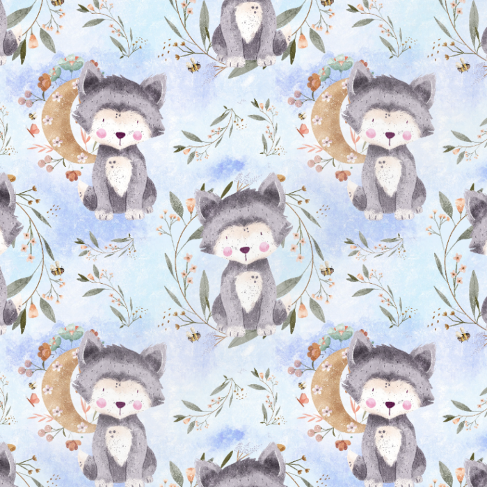 Tissu Imprimé Exclusif Loup Mignon Lune Bleu, 7 tissus au choix