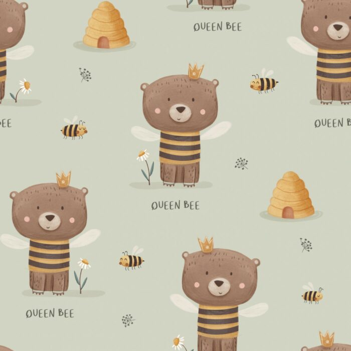 Tissu Imprimé Ourson Mignon Abeille Vert, 7 tissus au choix