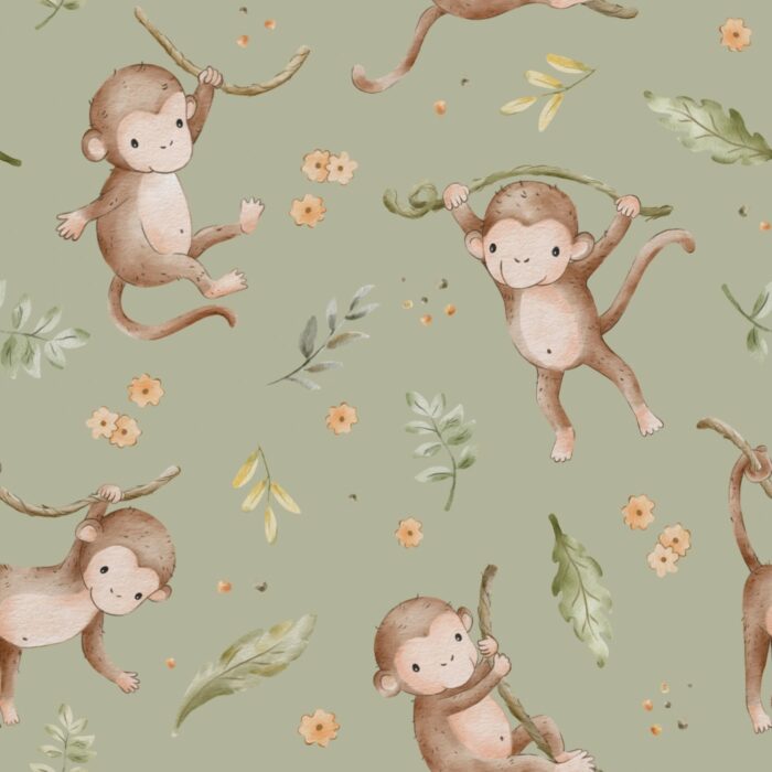 Tissu Imprimé Singe Mignon Vert, 10 tissus au choix