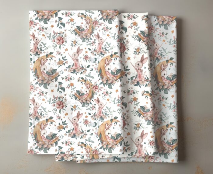 Tissu Imprimé Lapin Mignon Lune Fleuri Crème, 7 tissus au choix – Image 4