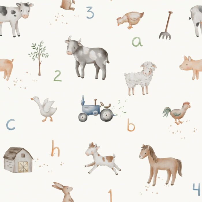 Tissu Imprimé Animaux de la Ferme Alphabet, 7 tissus au choix