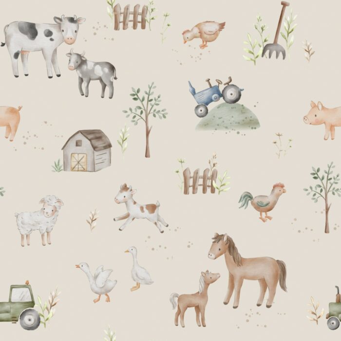 Tissu Imprimé Animaux de la Ferme Beige, 11 tissus au choix