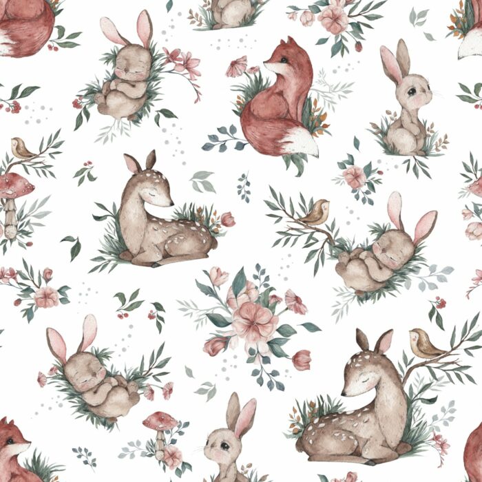 Tissu Imprimé Animaux Mignons de la Foret Blanc, 7 tissus au choix