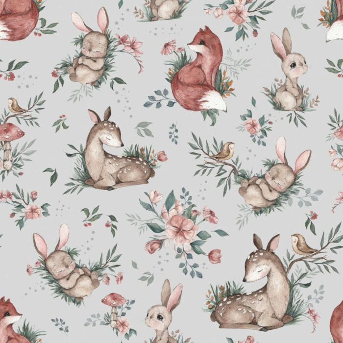 Tissu Imprimé Animaux Mignons de la Forêt Gris, 7 tissus au choix