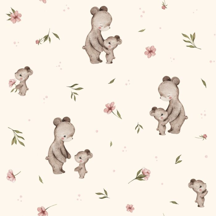 Tissu Imprimé Bébé Ourson avec Maman Crème, 10 tissus au choix