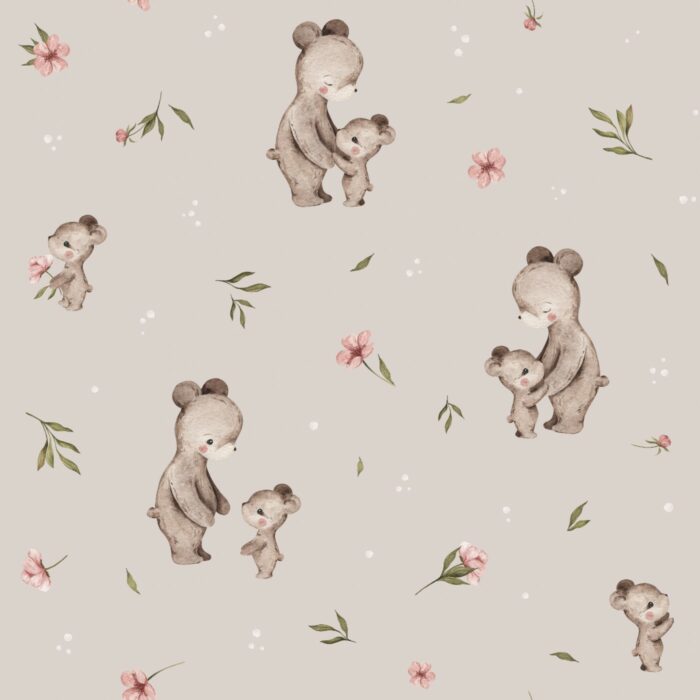 Tissu Imprimé Bébé Ourson avec Maman Taupe, 10 tissus au choix