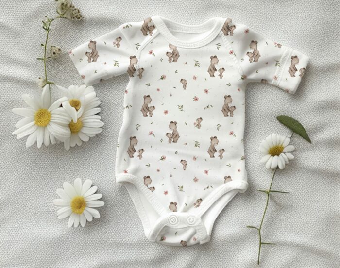 Tissu Imprimé Bébé Ourson avec Maman Blanc, 10 tissus au choix – Image 3