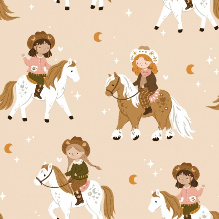 Tissu Imprimé Chevaux Étoiles Filles Beige, 7 tissus au choix