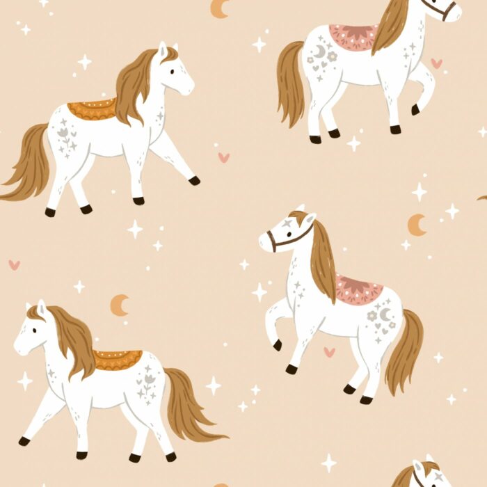 Tissu Imprimé Chevaux Étoiles Lune Beige, 7 tissus au choix