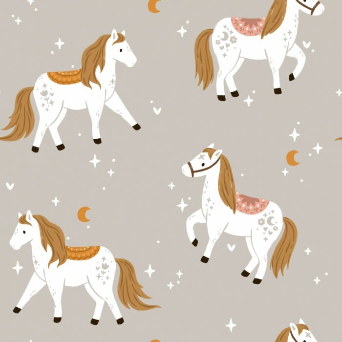 Tissu Imprimé Chevaux Étoiles Lune Gris, 7 tissus au choix